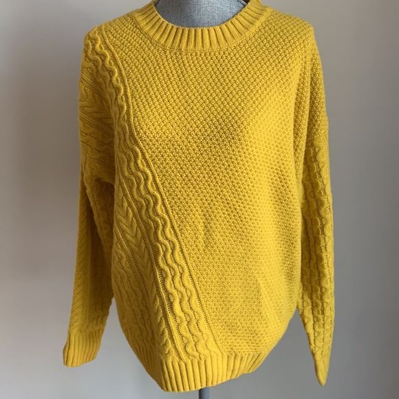 🌈 5/$25 JOE Fresh mustard yellow cables knit over sized sweater - Picture 2 of 8